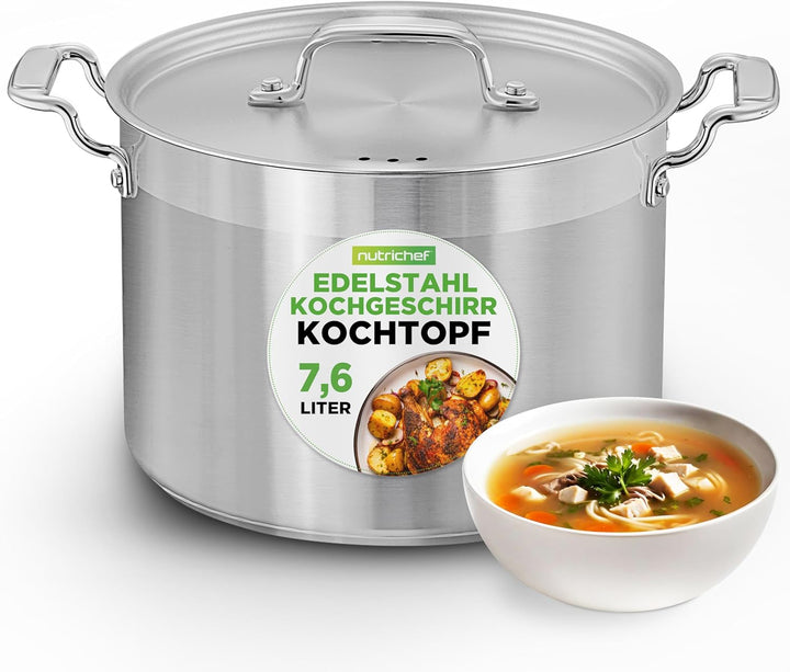 NutriChef 8 Liter Edelstahl-Topf - 18/8 Lebensmittelqualität Schwerer Grosser Suppentopf für Eintöpf