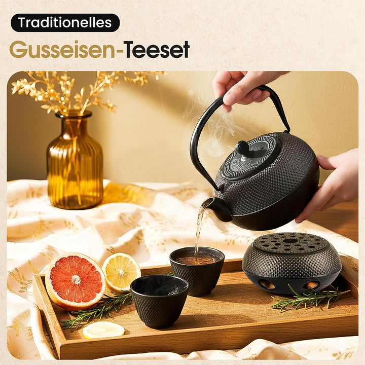 Dimono Traditionelles Tee-Set aus Gusseisen: Teekanne, Stövchen und 2 Teebecher Komplett-Set, Komple