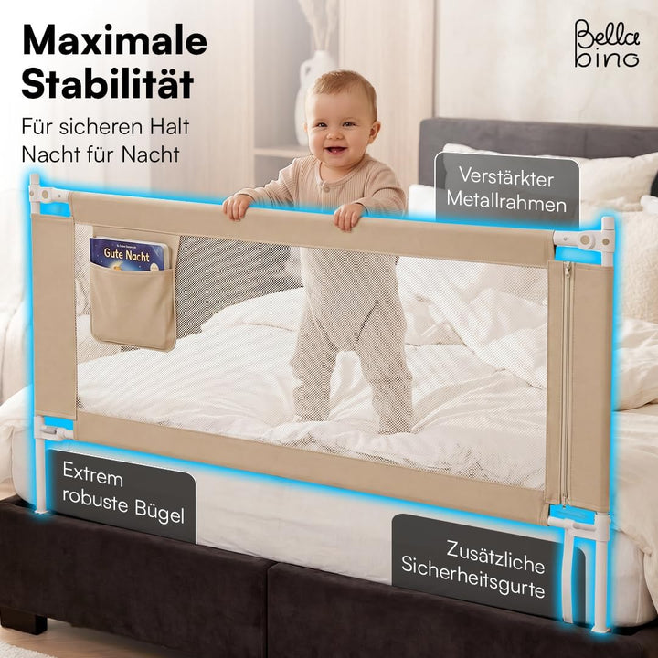 Bellabino Drina Rausfallschutz – Bettschutzgitter 150 cm Beige – Bettgitter höhenverstellbar 69-99 c