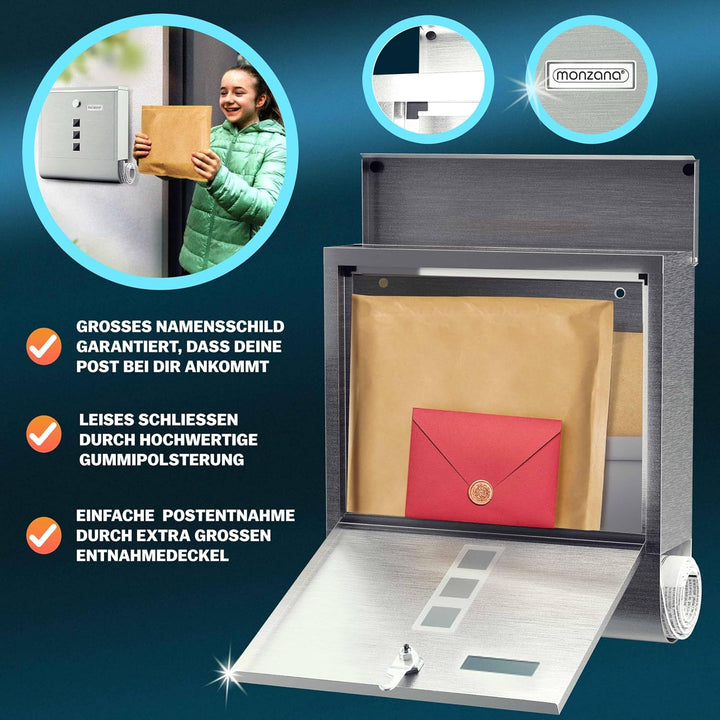 MONZANA® Briefkasten Kreuzschloss mit Kupfer-Schliesszylinder drehbare Abdeckung 31x10x34 cm Sichtfe