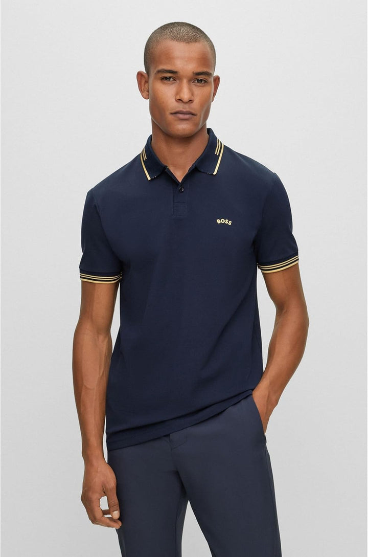 BOSS Herren Paul Curved Slim-Fit Poloshirt aus Stretch-Baumwolle mit geschwungenem Logo Dunkelblau M