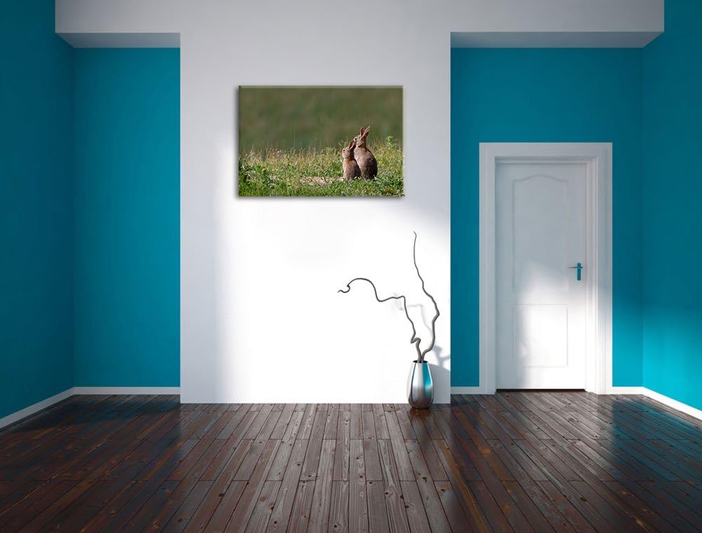 zwei Häschen auf Frühlingswiese Leinwand, XXL riesige Bilder fertig gerahmt mit Keilrahmen, Kunstdru