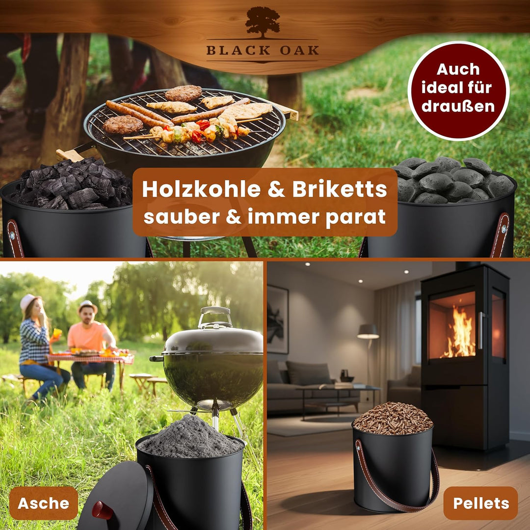 BLACK OAK Ascheeimer TOBA 5L - schwarz mit Deckel & Leder-Griff + Handschuhen - 5L Stahl feuerfest v
