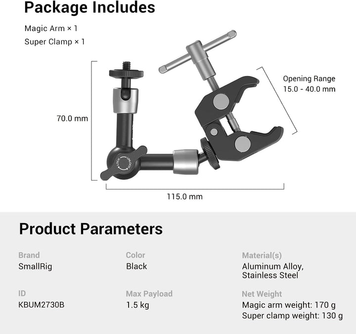 SMALLRIG 5 Zoll Magic Arm mit Super Clamp Large Crab Zangenclip für Monitor LED Licht - KBUM2730, 5