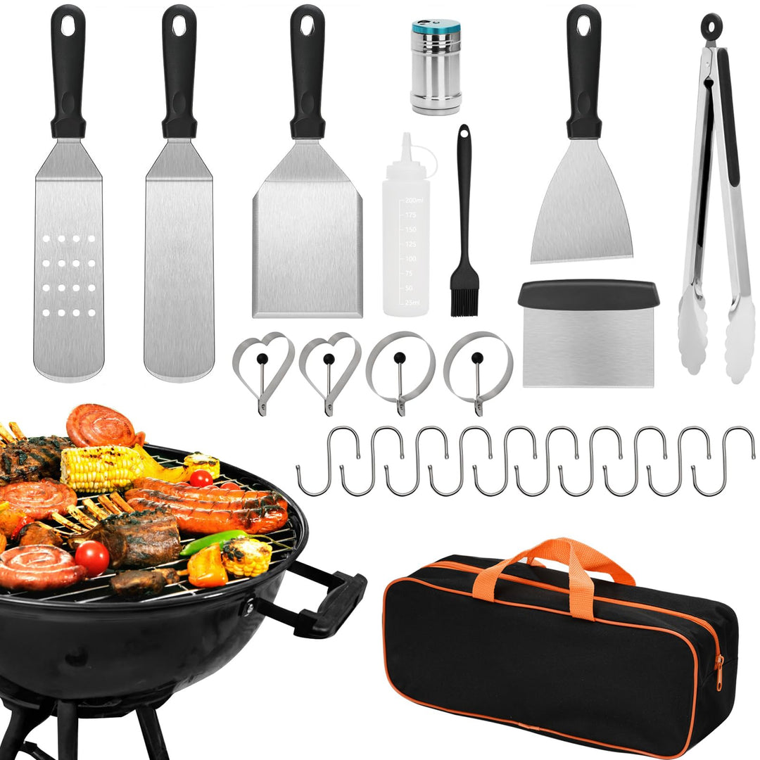 Edelstahl Grillbesteck Set, 28 Pcs Profi BBQ Zubehör, Outdoor-Edelstahl-Kochspatel Geschenke Grillse