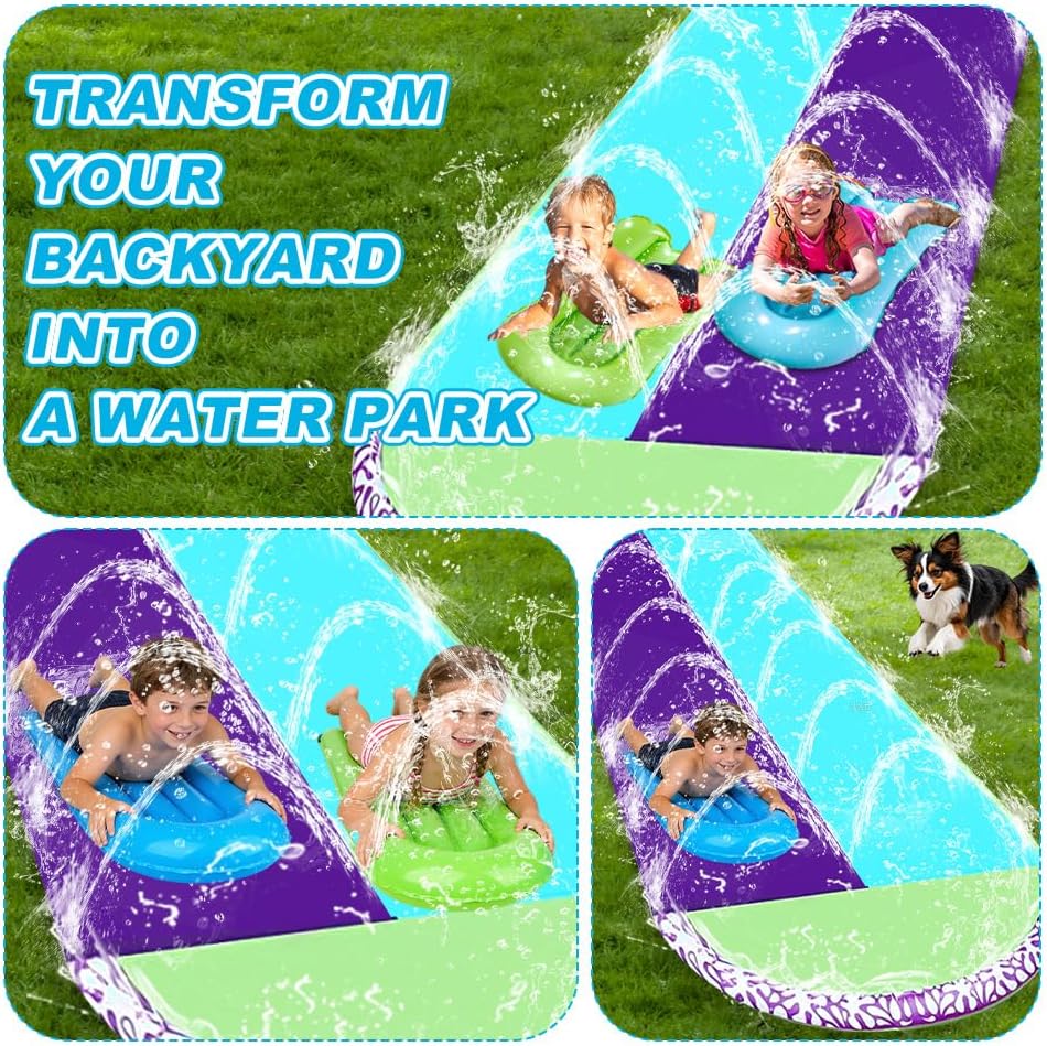 Wasserrutsche Garten für Kinder, 6.1*1.4M Aufblasbare Wasserrutsche mit 2 Bodyboards, Doppelte Wasse