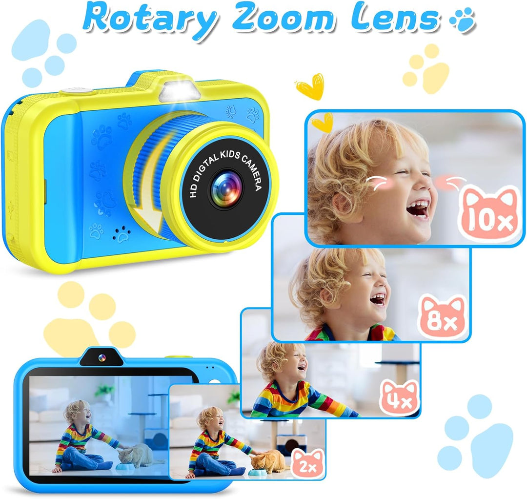 Kinderkamera mit 360°Rotierendes Zoomobjektiv, 3,5" Grosses Display, Kinder Kamera mit Selfies, LED-