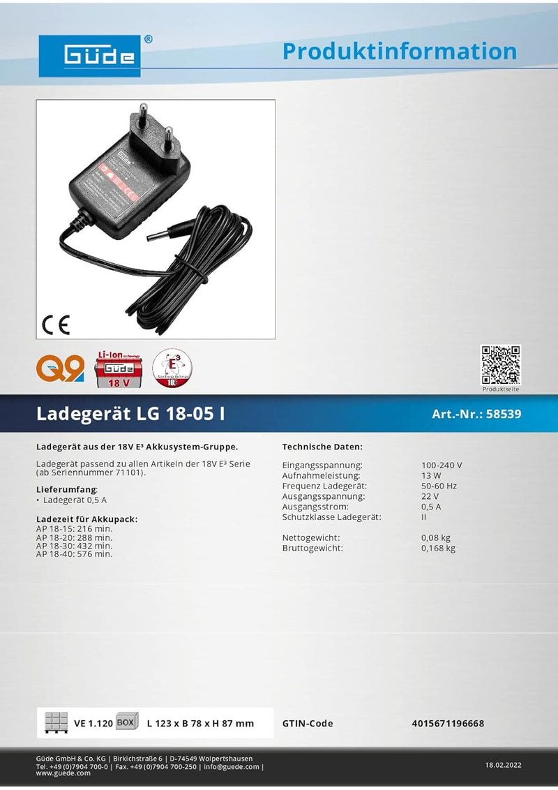 Güde 58539 Ladegerät LG 18-05 I (0,5 A, Easy-Energy-Exchange, Sicherung vor Überlastung, kompatibel