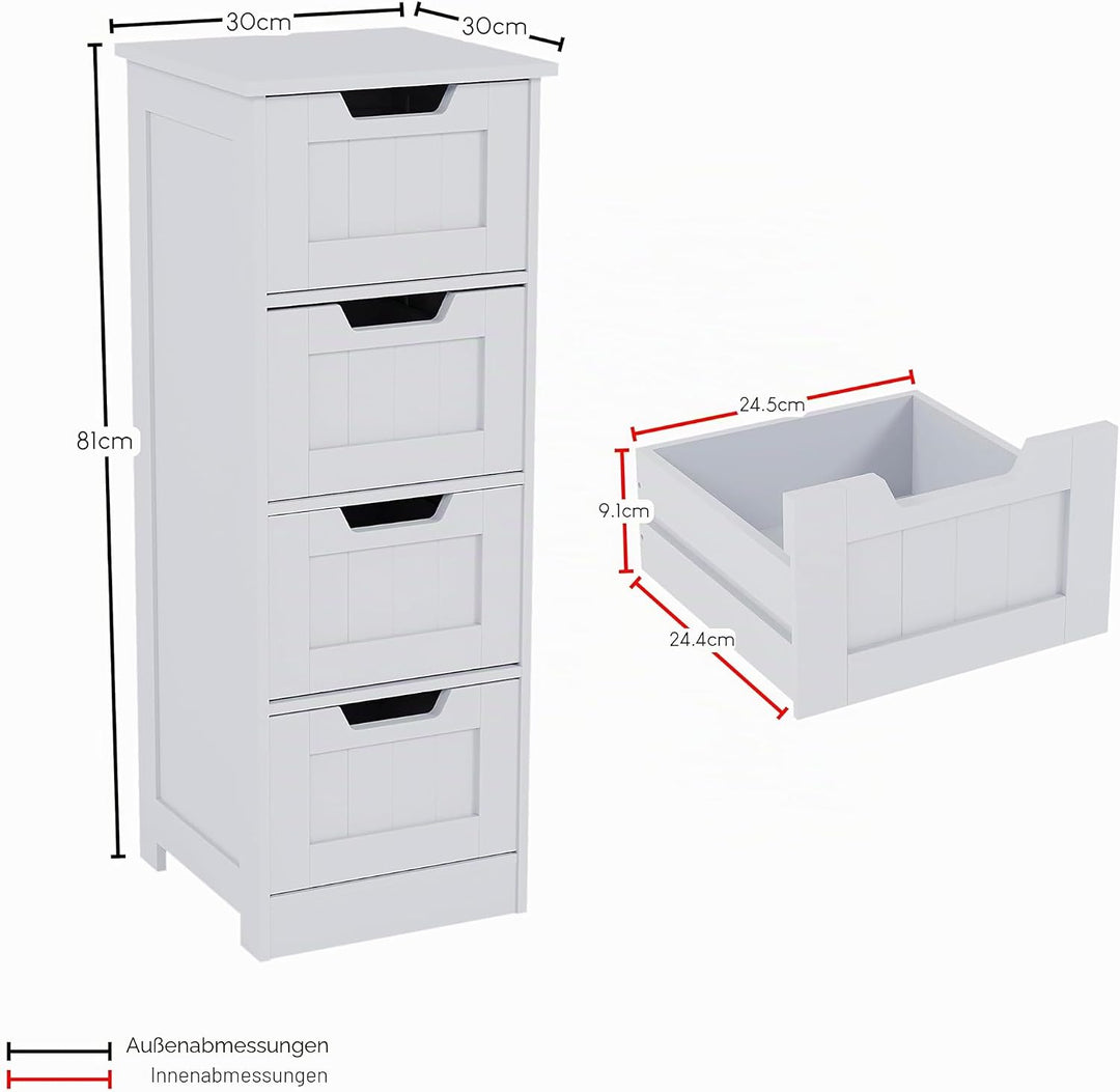 Bath Vida Badezimmerschrank mit 4 Schubladen, bodenstehende Aufbewahrungseinheit, Holz, weiss Priano