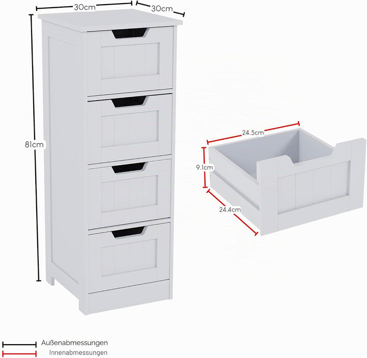 Bath Vida Badezimmerschrank mit 4 Schubladen, bodenstehende Aufbewahrungseinheit, Holz, weiss Priano