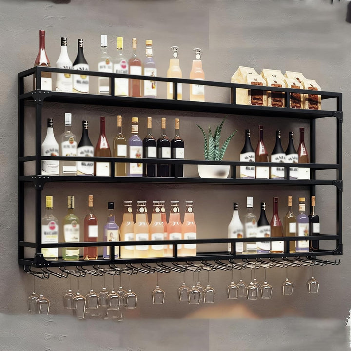 Weinregal Wand, 3 Ebenen Wand-Weinregale mit Glashalter, Multi funktionaler Weinpareite Display Rack
