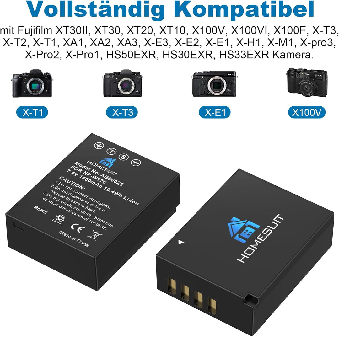 Homesuit Ersatz für Akku Fujifilm NP-W126/NP-W126s und USB Ladegeräte, Kompatibel mit Fuji X-T3, X-T