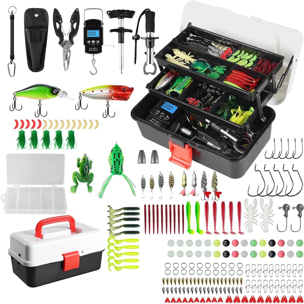 Angelzubehör Set, Angelkoffer mit Zubehör, 218 PCS Angel Köder Set mit Haken, Angelköder, Angelausrü