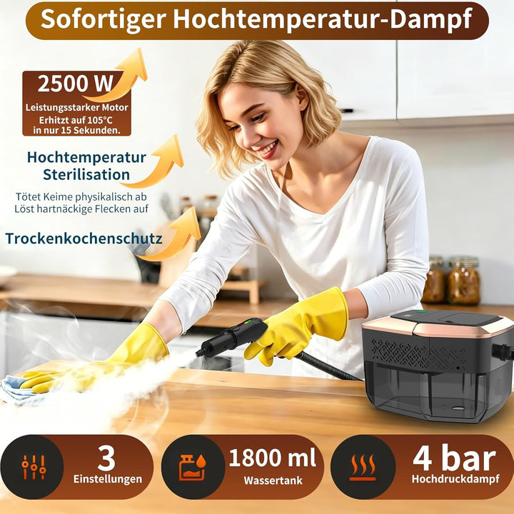 Dampfreiniger Handgerät, 2500W Handdampfreiniger mit Stufengriff, 8 Düsen, 1,8L Tank, 3 Dampfstufen,