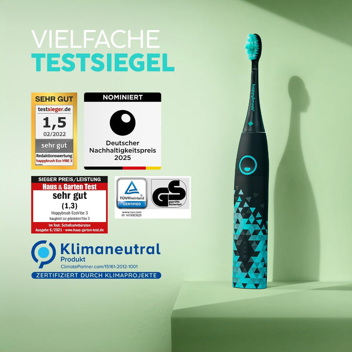 happybrush® Elektrische Schall-Zahnbürste Eco VIBE 3 im Doppelpack - Nachhaltige Zahnbürste mit 6 Wo