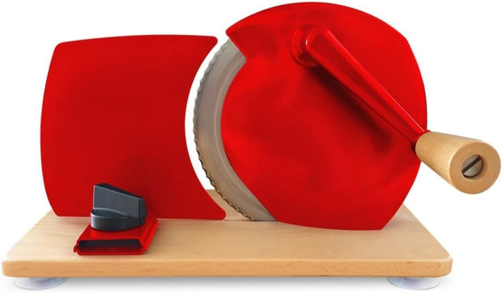 Jupiter Küchenmaschine manueller Allesschneider mit Kurbel und Holzplatte rot + glattes Messer, Rot