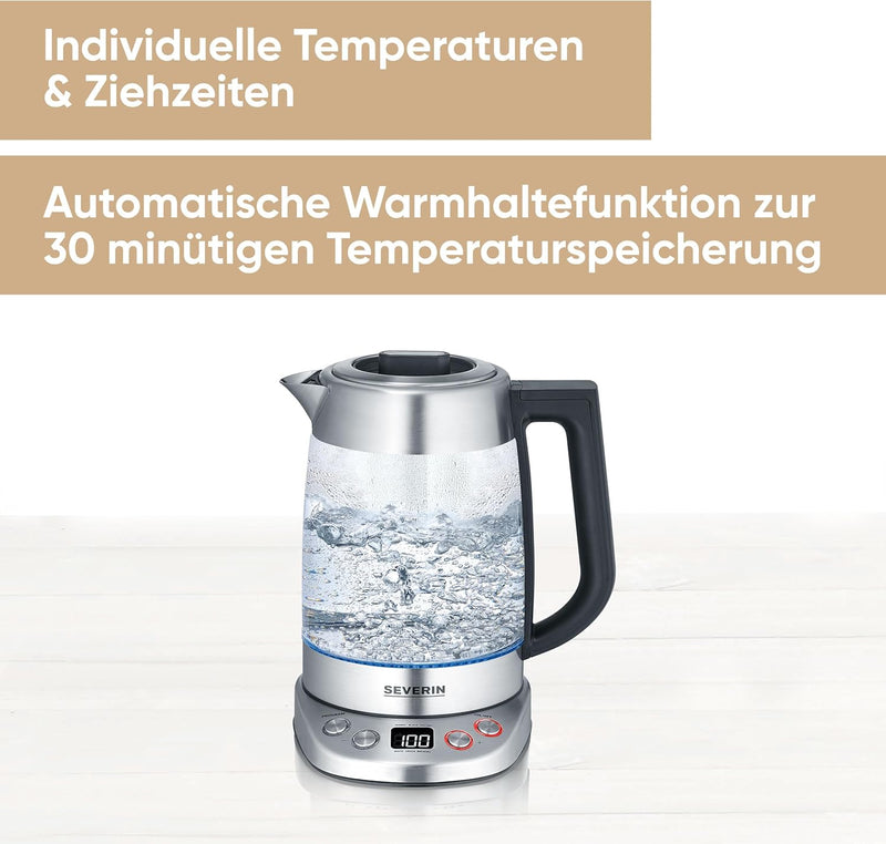 SEVERIN Glas Tee- & Wasserkocher Deluxe, Teekocher mit einstellbarer Temperatur & Ziehzeit, Wasserko