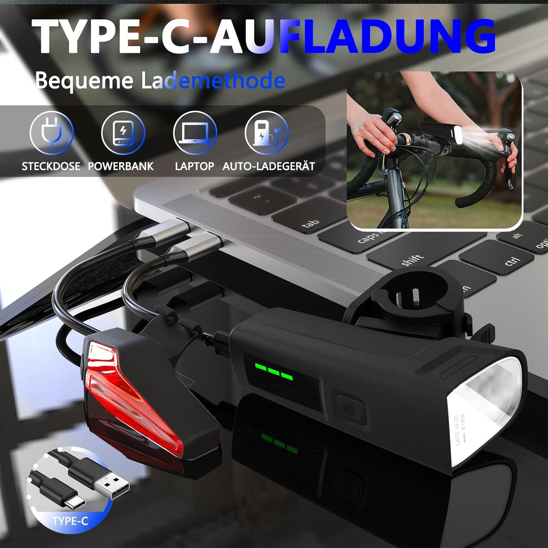 Fahrradlicht Set,StVZO Zertifizierte Fahrradbeleuchtung,USB Typ C Aufladung Fahrrad Lichter Led Set,