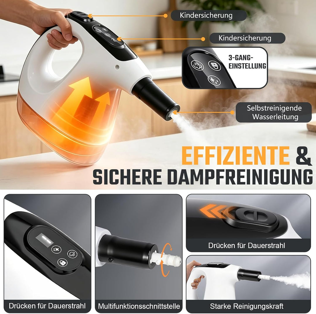 Dampfreiniger 12-in-1 mit abnehmbarem Teleskopstiel – 500ml Handdampfreiniger für Boden, Fliesen, Fe