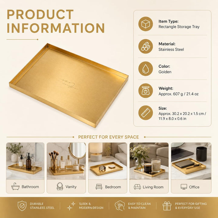 Deko Tablett Gold Tablett Rechteckig, Schmucktablett Edelstahl Badezimmer Tablett Dekotablett Schmuc