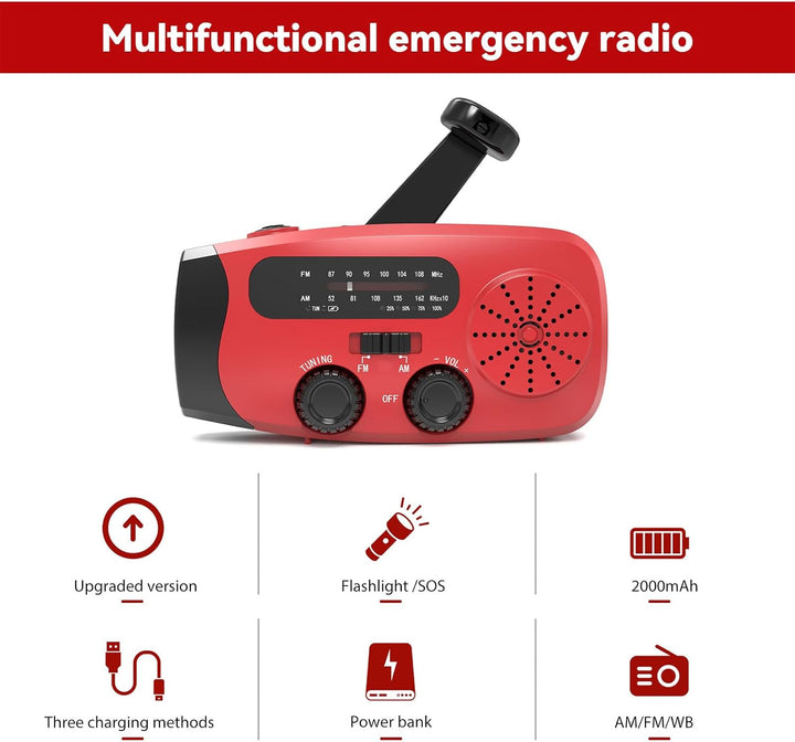 Notfallradio mit Solar/Kurbelantrieb, 2000mAh Solar Radio, SOS-Alarm, AM/FM/WB, LED-Taschenlampe (70