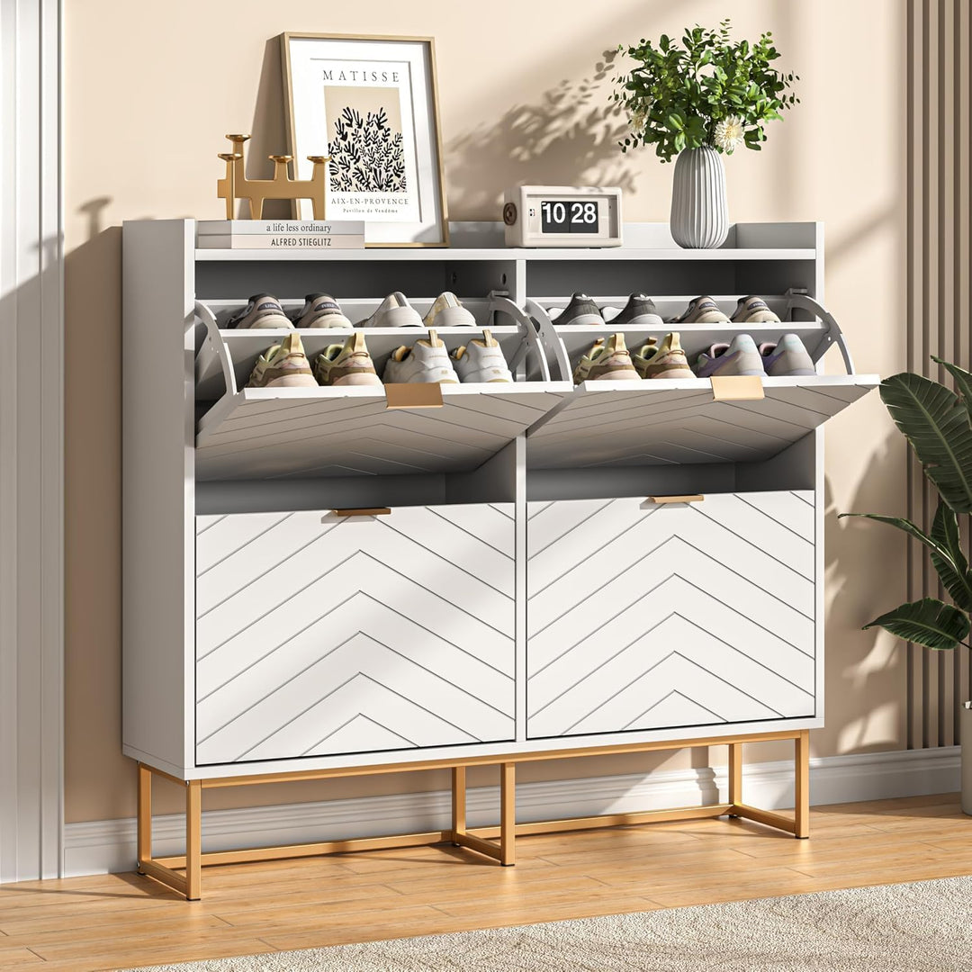 UEV Schuhschrank mit 4 Klappen Schmal,Freistehendes Schuhregal mit Kippschutz, Schuhkommode mit vers