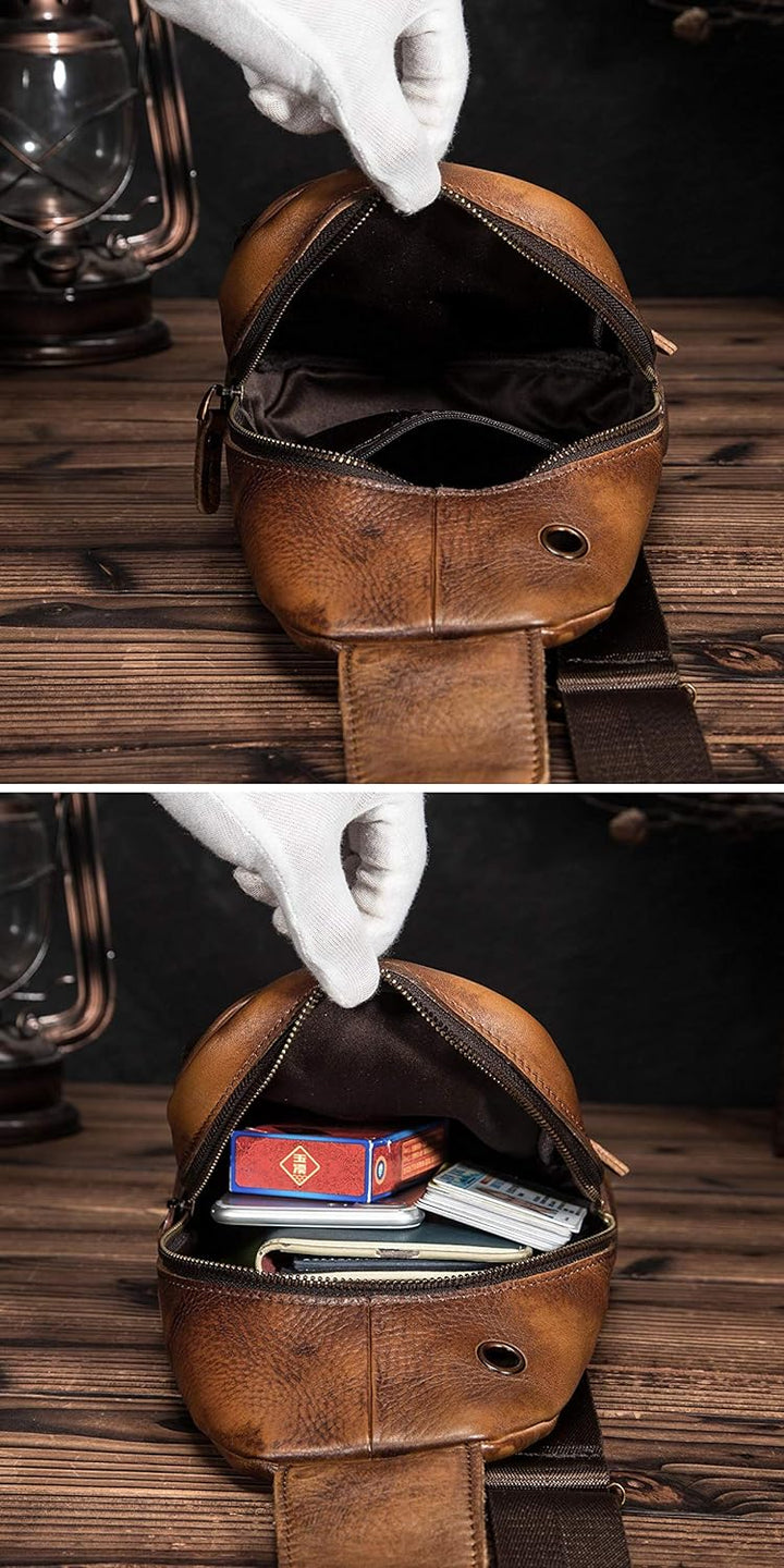 Le’aokuu Herren Echtes Leder Hüfttasche Brusttasche Bauchtsche Crossbody Bag Sling Bag Schultertsche