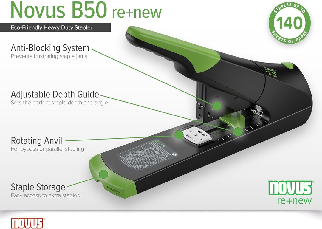 Novus B 50 re+new nachhaltiges Blockheftgerät (Heftleistung 140 Blatt, variable Einlegetiefe bis 75