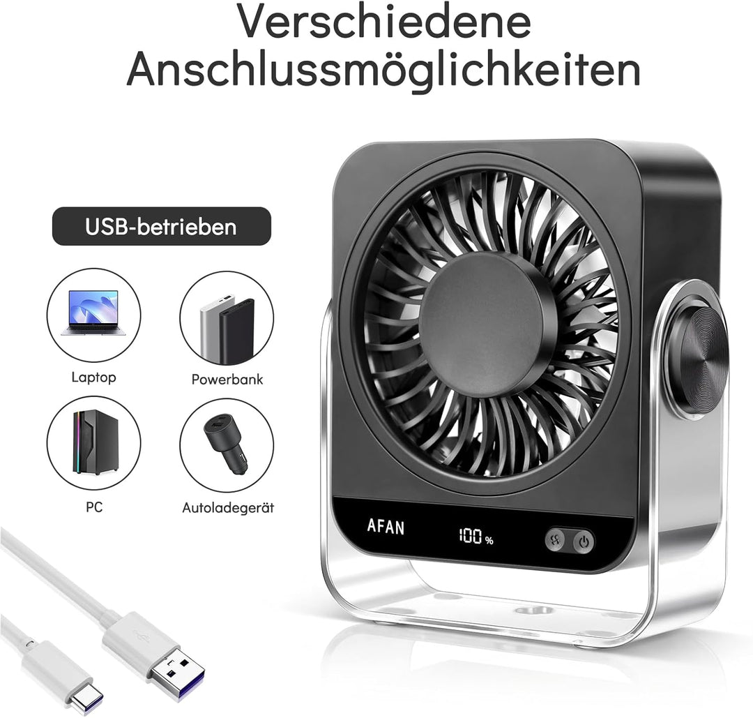 Leiser Tischventilator - 5 Geschwindigkeiten & Manuelles Oszillieren, USB-C, Tragbarer Büro Ventilat