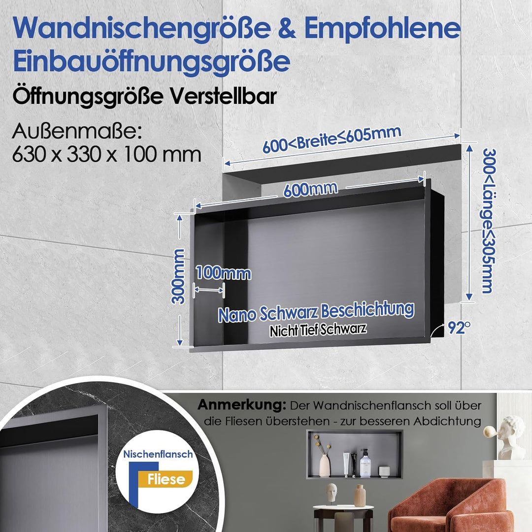 ROVOGO 60 x 30 x 10 cm Nano Schwarz Wandnische Dusche Edelstahl, Eingebettete Duschnische Einzelrega