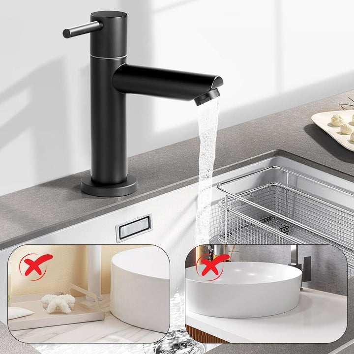 Wasserhahn Bad Schwarz+Wasserzulaufleitung, Edelstahl, Kaltwasserhahn Gäste Wc,Mischbatterie Waschbe