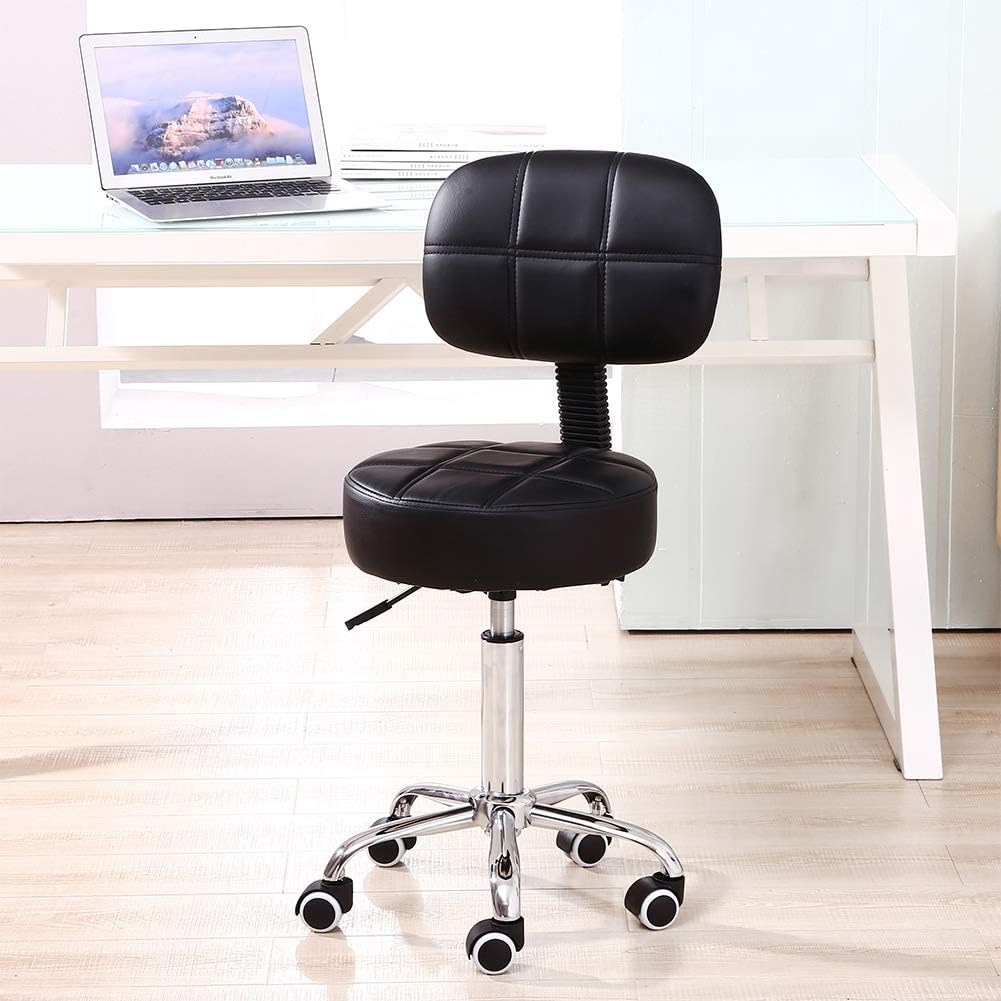 KKTONER Rollhocker mit Rückenlehne Höhenverstellbarer 50-64cm Schwarz | 360° drehbar Salon Hocker PU