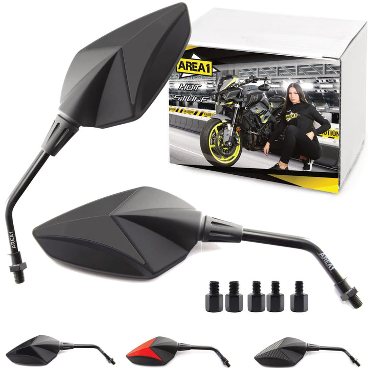Area1 Universal Motorrad Rückspiegel Paar e-geprüft 2x M10 Rechtsgewinde + Linksgewindeadapter, komp