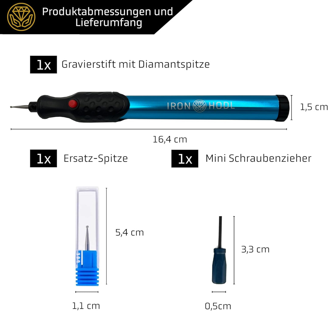 IRON HODL - Gravierstift mit Diamantspitze für Metall, Keramik, Glas gravieren - 2X AAA Batteriebetr