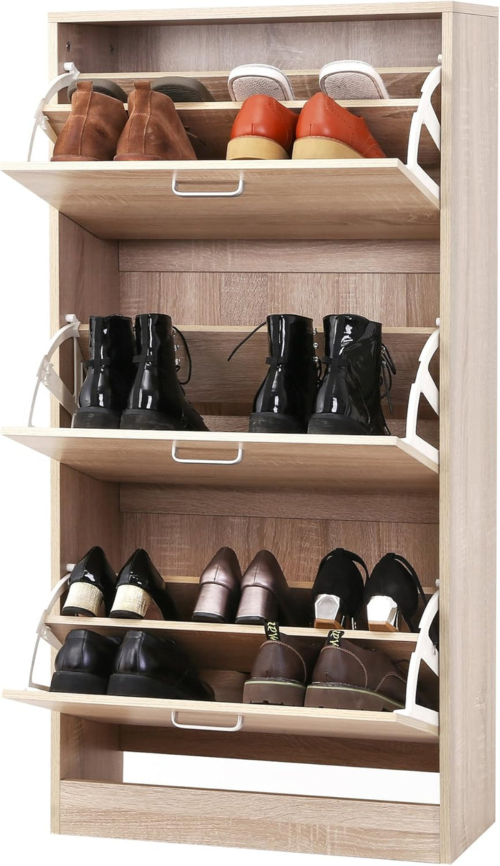 VASAGLE Schuhschrank mit 3 Klappen Schuhregal Schuhkipepr Schuhkommode Eichenfarben verstellbar 60 x