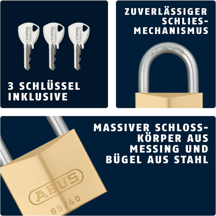 ABUS Vorhängeschloss Messing 65/40 - 2er Set, gleichschliessend - Kellerschloss, Spindschloss u. v.