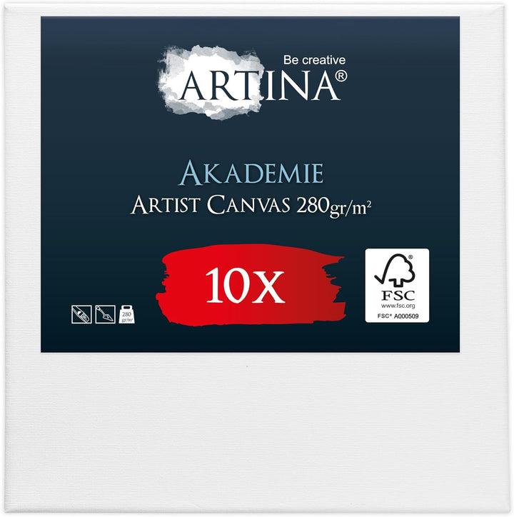 Artina FSC® Keilrahmen 10er Set Akademie 10x10 cm – Leinwand Set Maltuch aus 100% Baumwolle Leinwänd