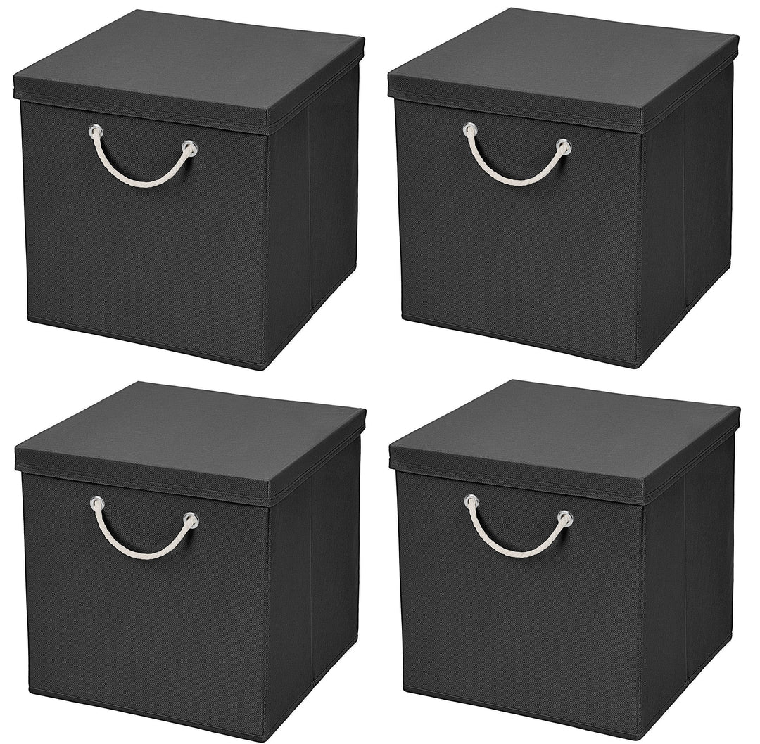 4er Set Schwarz Faltbox 30 x 30 x 30 cm Aufbewahrungsbox faltbar mit Kordel und mit Deckel, Schwarz