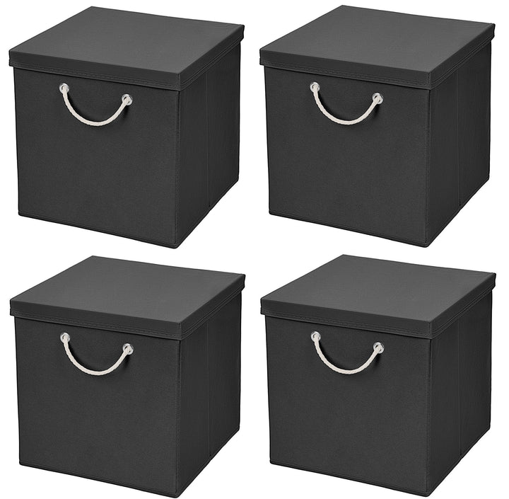 4er Set Schwarz Faltbox 30 x 30 x 30 cm Aufbewahrungsbox faltbar mit Kordel und mit Deckel, Schwarz
