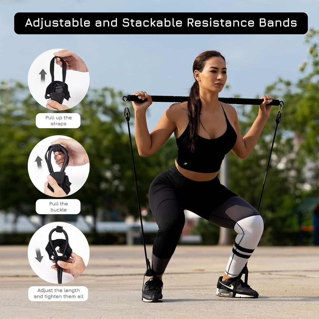 Breaking Limits Pilates Bar Set - Längenverstellbare Fitness Stange + 6 Widerstandsbänder - Ganzkörp