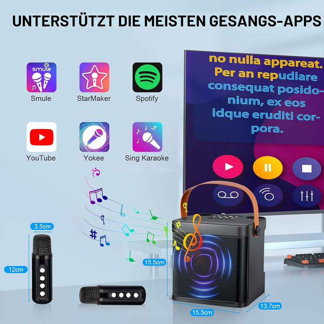 LAMA Karaoke Maschine mit kabellose 2 Mikrofonen Karaoke Anlage, Bluetooth Lautsprecher Box tragbare