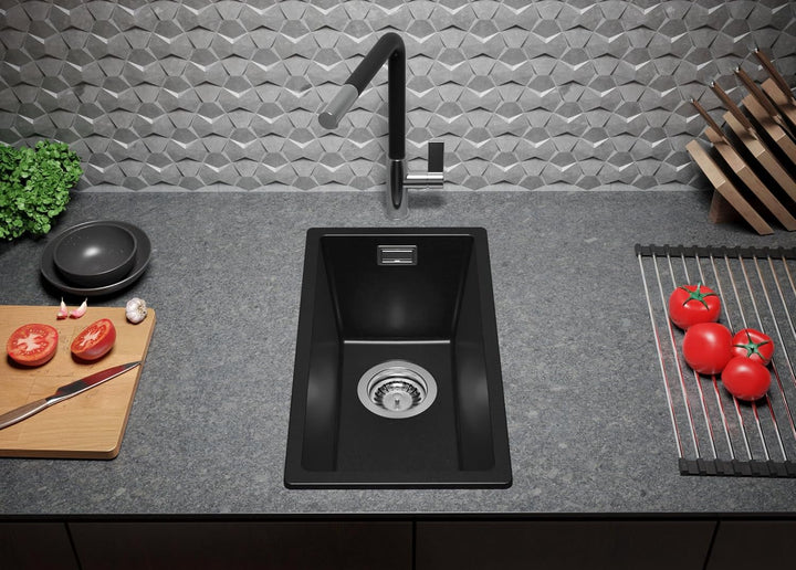 Spülbecken Schwarz 26 x 47 cm, Granitspüle + Siphon Klassisch + Küchenarmatur, Küchenspüle ab 30er U