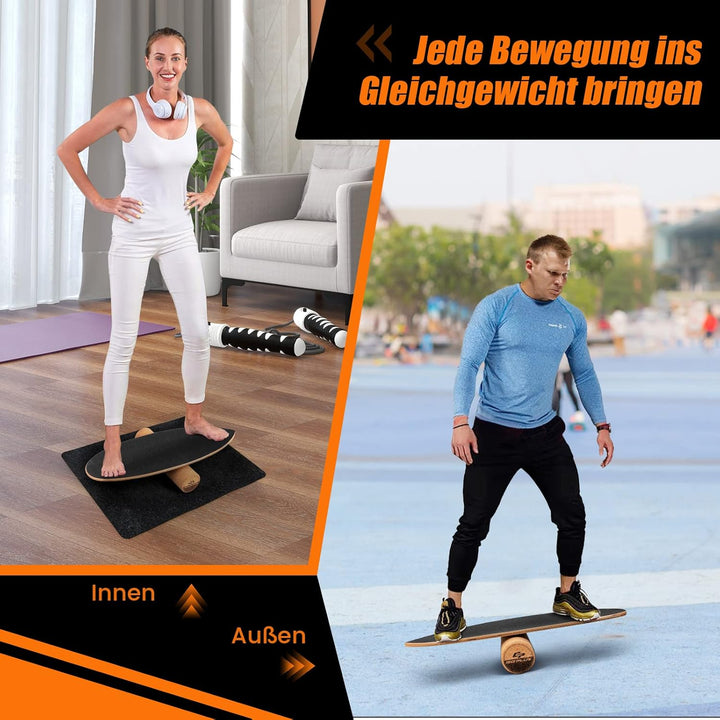 COSTWAY Balance Board aus Holz, Balancebrett, Balance Trainer Trickboard für zuhause, inkl. Korkroll