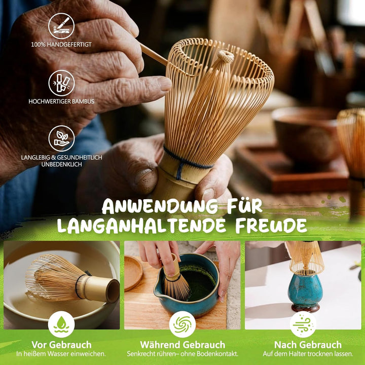 Matcha Set 7-teilig | Premium Tee-Zeremonie Set mit Matcha-Schale, Bambus-Chasen (100+ Spitzen), Hal