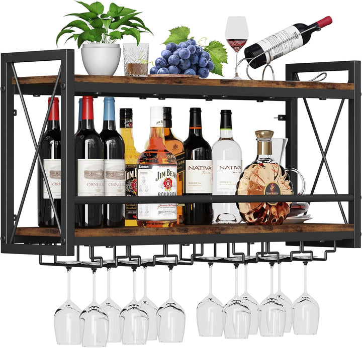 Homeiju Wandmontiertes Weinregal, Flaschen- und Glashalter, Holz, Metall, Retro, schwimmendes Weinre