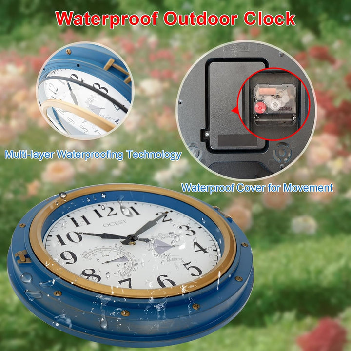 OCEST Gartenuhr Wetterfest, 40,6 cm Wasserdicht Wanduhr mit Temperatur und Luftfeuchtigkeit Retro le