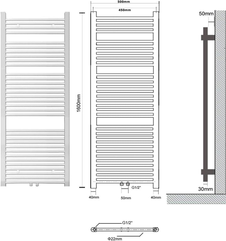 S SIENOC 500 x 1600 mm Weiss mittelanschluss Badheizkörper handtuchhalter Heizkörper Handtuchwärmer