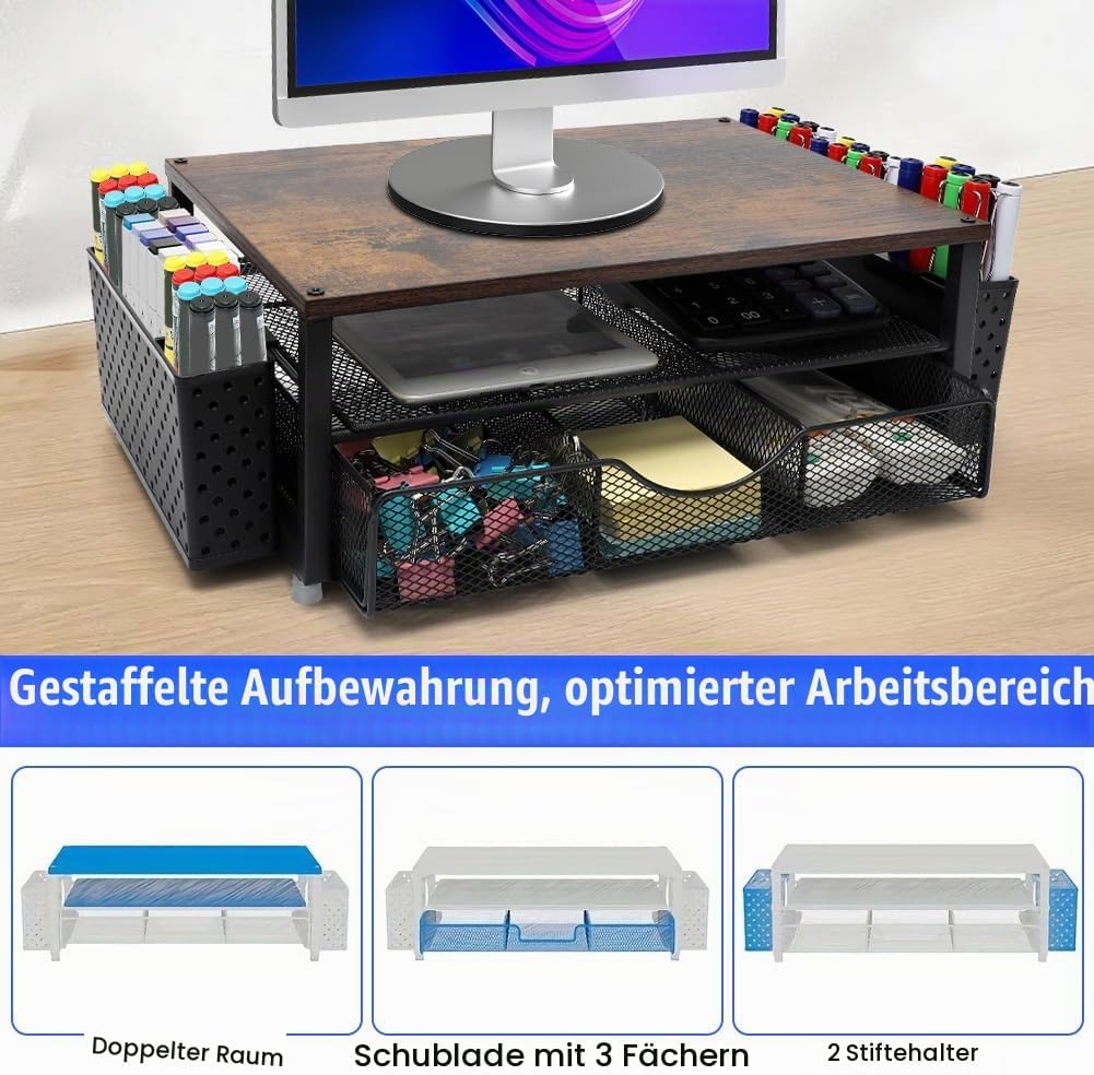 MIUUIPI Monitorständer, Schreibtisch Organizer mit Schublade und 2 Stifthaltern, Aufbewahrung Bildsc