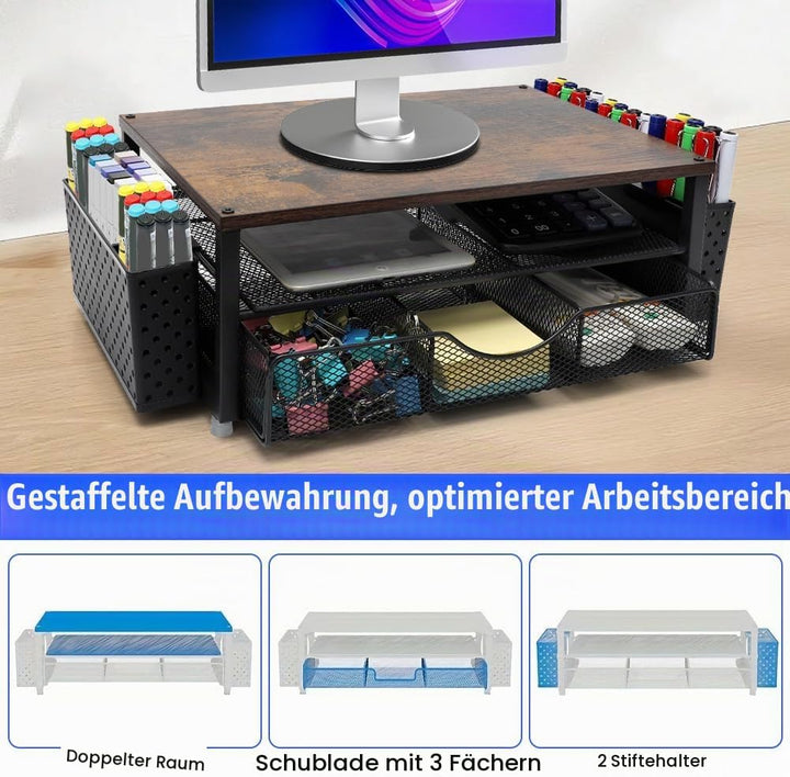 MIUUIPI Monitorständer, Schreibtisch Organizer mit Schublade und 2 Stifthaltern, Aufbewahrung Bildsc