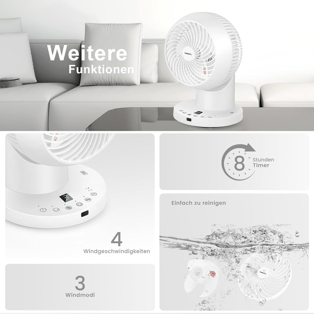 Tischventilator mit Fernbedienung - 32W Leiser Ventilator mit 4 Geschwindigkeitsstufen, 8h Timer, 70